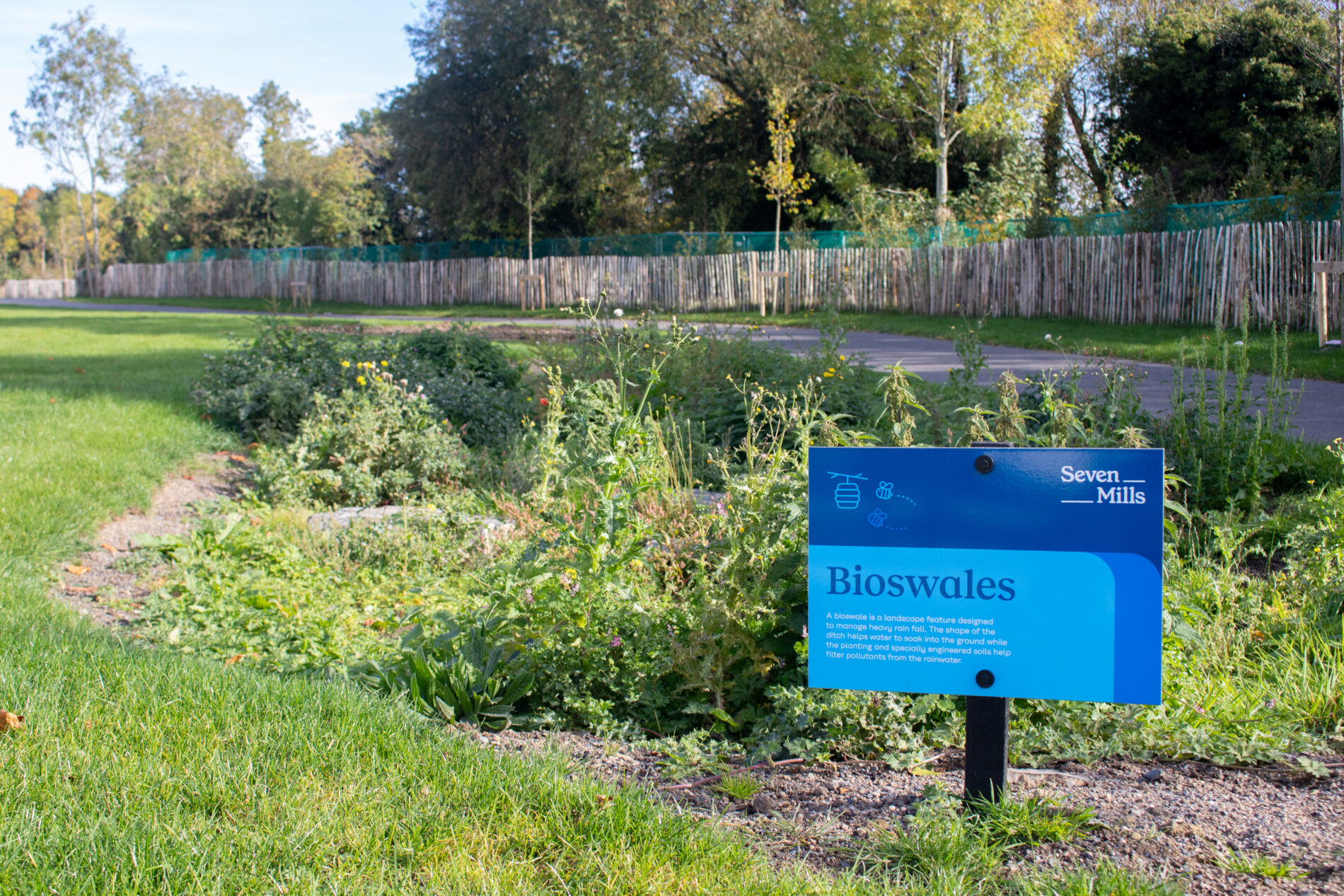 A bioswale with a signage and plants