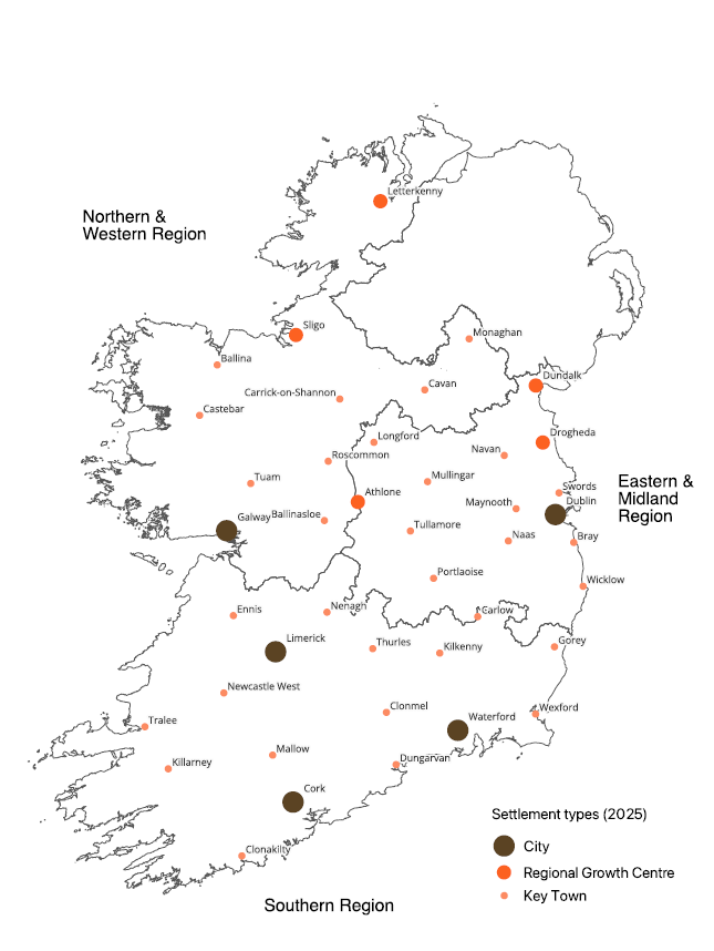 Fig 02: Current settlement types and designations in Ireland (2025). Map by the author.