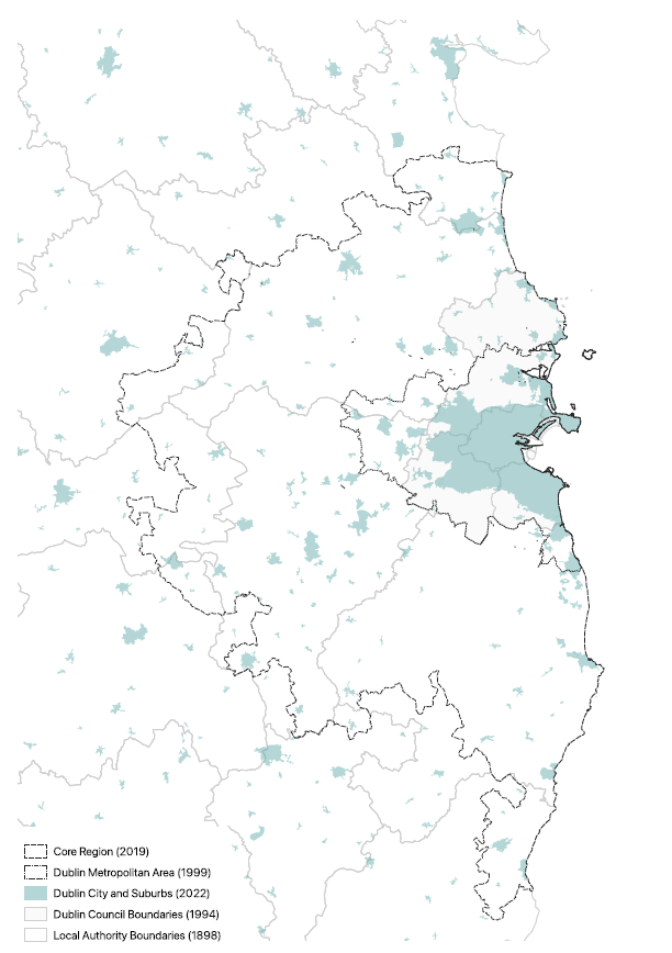 Administrative, morphological, statistical and functional boundaries as applied to Dublin. Map data sourced from Táilte Eireann, National Transport Authority and the Eastern and Midland Regional Assembly. Drawing by Michael K. Hayes. 