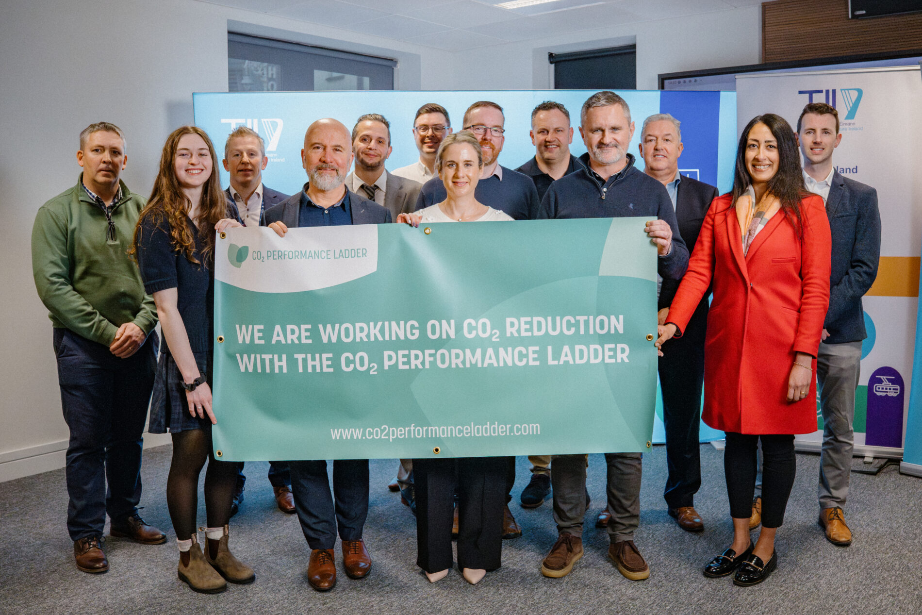 CO₂ Performance Ladder pilot phase wrap‑up event at TII’s office on Feb 2026, with representatives from Jons Civil Engineering, Kilsaran, and AtkinsRéalis